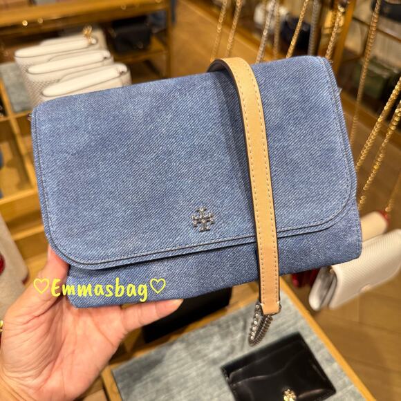 Tory Burch Handbags - Tory Burch Emerson Denim Suede Chain Wallet Crossbody 175875 Dark Denim $475
